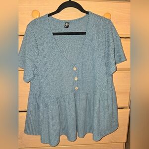 SHEIN Textured Blue V-Neck Blouse with Buttons